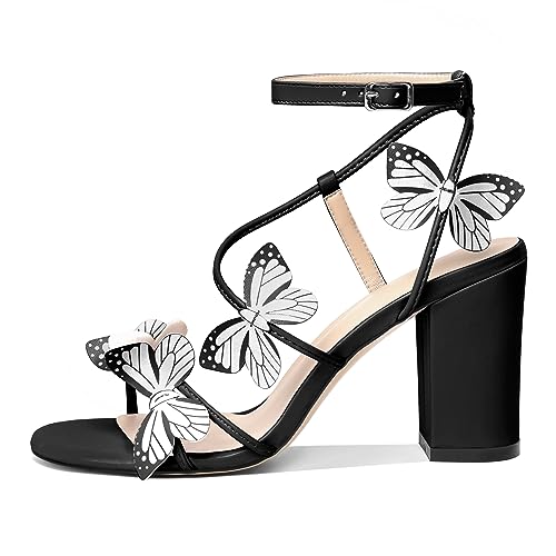 Women's Chunky Heeled Sandals with Ankle Strap & Butterflies