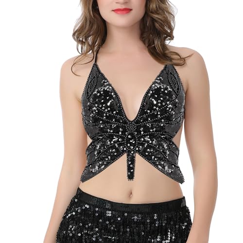 Mocure Women's Glitter Butterfly Crop Top for Raves and Belly Dance